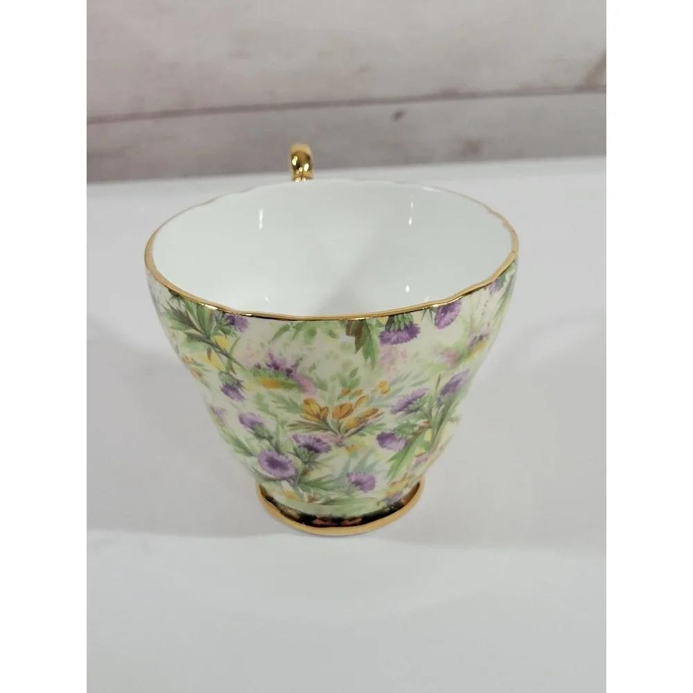 Regency Bone China Teacup & Saucer Set Thistle Chintz Scalloped Edges Gold Trim